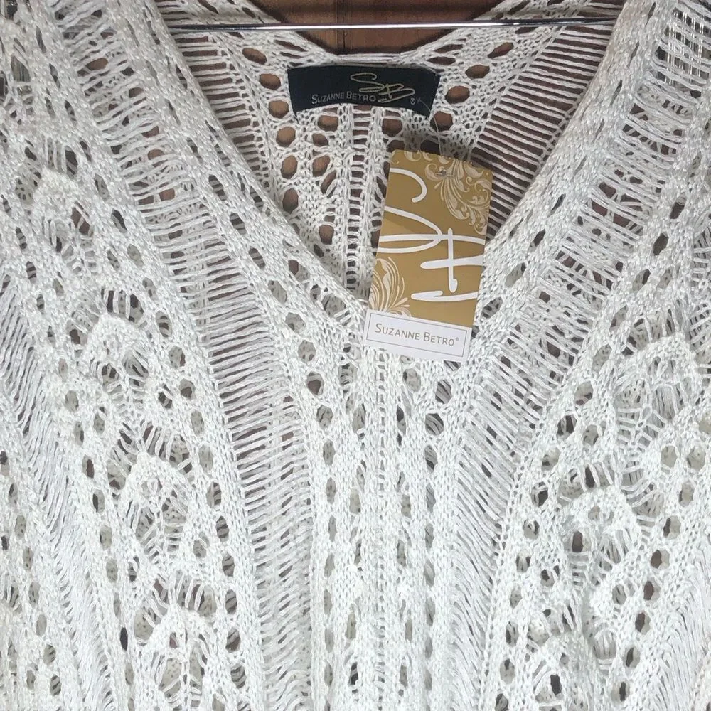 Suzanne Betro White Crochet Swim Coverup with Tassels